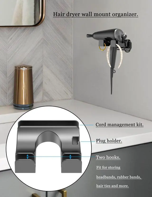 Alt view image 3 of 7 - Universal Hair Dryer Holder, Wall Mounted, (Black)