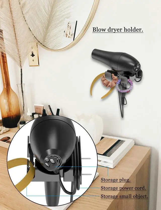 Alt view image 4 of 7 - Universal Hair Dryer Holder, Wall Mounted, (Black)