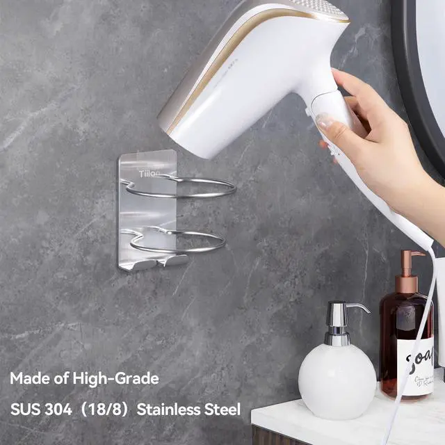 Alt view image 2 of 7 - Hair Dryer Holder Wall Mount, Blow Dryer Holder Self Adhesive, SUS 304 Stainless Steel, Bathroom Hair Tool Organizer Rack, Silver