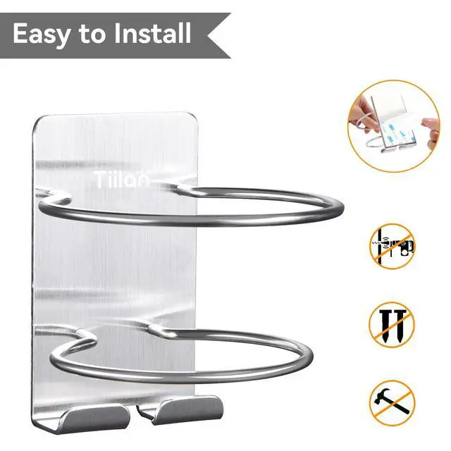 Alt view image 5 of 7 - Hair Dryer Holder Wall Mount, Blow Dryer Holder Self Adhesive, SUS 304 Stainless Steel, Bathroom Hair Tool Organizer Rack, Silver