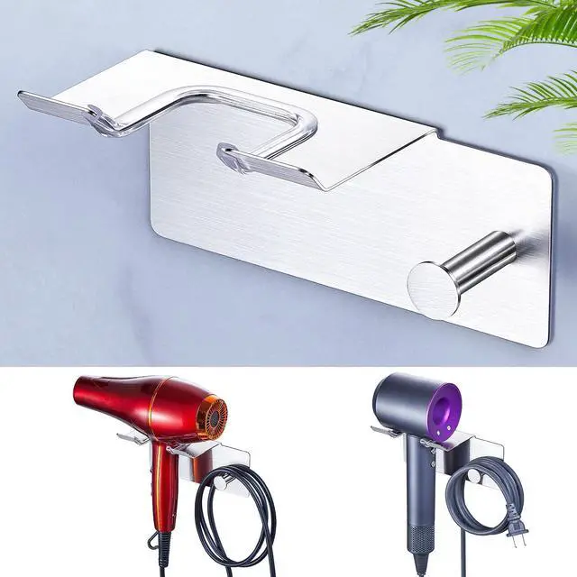 Main image of Blow Dryer Holder Wall Mounted, Adhesive Hair Dryer Holder Wall Mount, Hairdryer Holder for Bathroom, Salon Hair Tools Organizer Storage, Silver