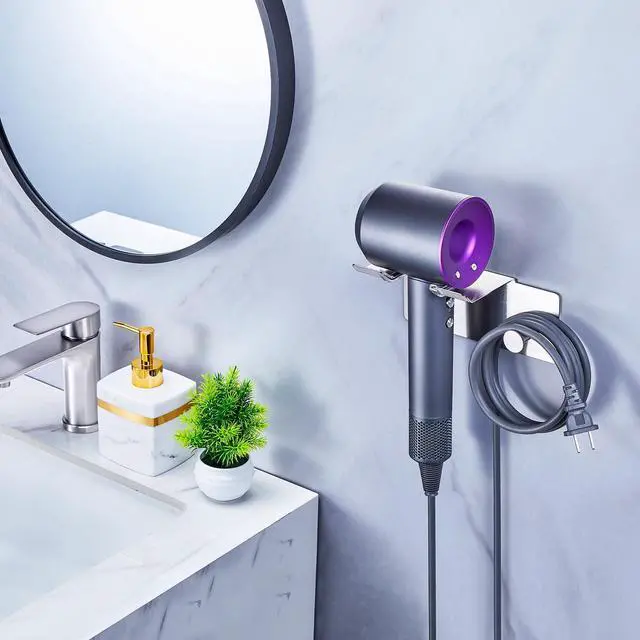 Alt view image 4 of 7 - Blow Dryer Holder Wall Mounted, Adhesive Hair Dryer Holder Wall Mount, Hairdryer Holder for Bathroom, Salon Hair Tools Organizer Storage, Silver