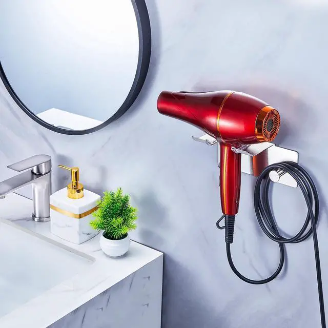 Alt view image 3 of 7 - Blow Dryer Holder Wall Mounted, Adhesive Hair Dryer Holder Wall Mount, Hairdryer Holder for Bathroom, Salon Hair Tools Organizer Storage, Silver