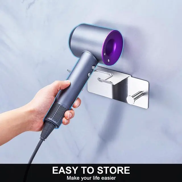 Alt view image 5 of 7 - Blow Dryer Holder Wall Mounted, Adhesive Hair Dryer Holder Wall Mount, Hairdryer Holder for Bathroom, Salon Hair Tools Organizer Storage, Silver