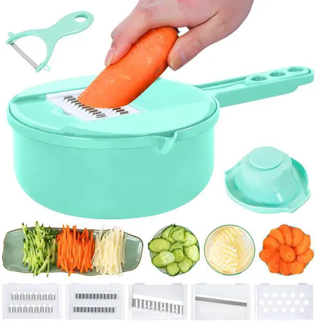Main image of Vegetable Chopper-7 IN 1 Potato Slicer,Vegetable Grater Food Chopper with Container Multifunctional Chopper Vegetable Cutter Slicer With 6 Stainless Steel Blades For Kitchen (Green, 7 in 1)