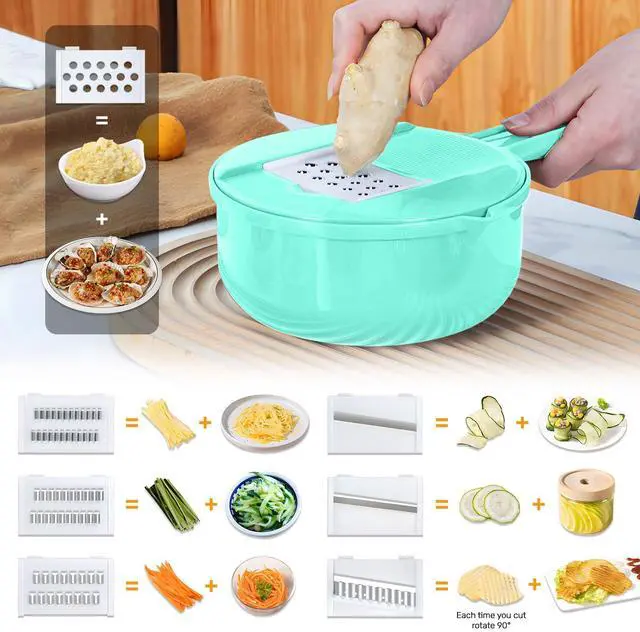 Alt view image 4 of 7 - Vegetable Chopper-7 IN 1 Potato Slicer,Vegetable Grater Food Chopper with Container Multifunctional Chopper Vegetable Cutter Slicer With 6 Stainless Steel Blades For Kitchen (Green, 7 in 1)