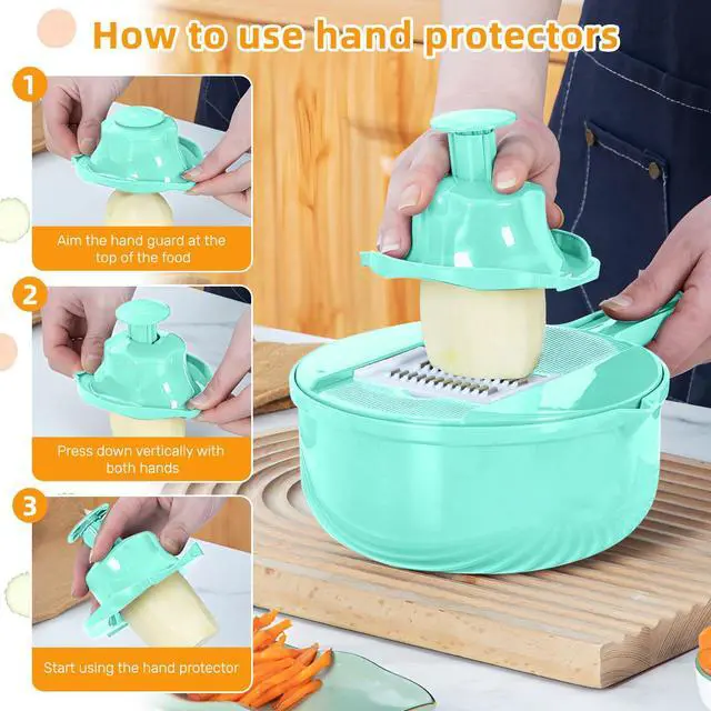 Alt view image 5 of 7 - Vegetable Chopper-7 IN 1 Potato Slicer,Vegetable Grater Food Chopper with Container Multifunctional Chopper Vegetable Cutter Slicer With 6 Stainless Steel Blades For Kitchen (Green, 7 in 1)