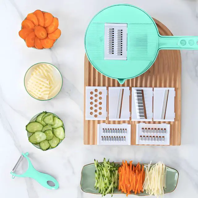 Alt view image 7 of 7 - Vegetable Chopper-7 IN 1 Potato Slicer,Vegetable Grater Food Chopper with Container Multifunctional Chopper Vegetable Cutter Slicer With 6 Stainless Steel Blades For Kitchen (Green, 7 in 1)