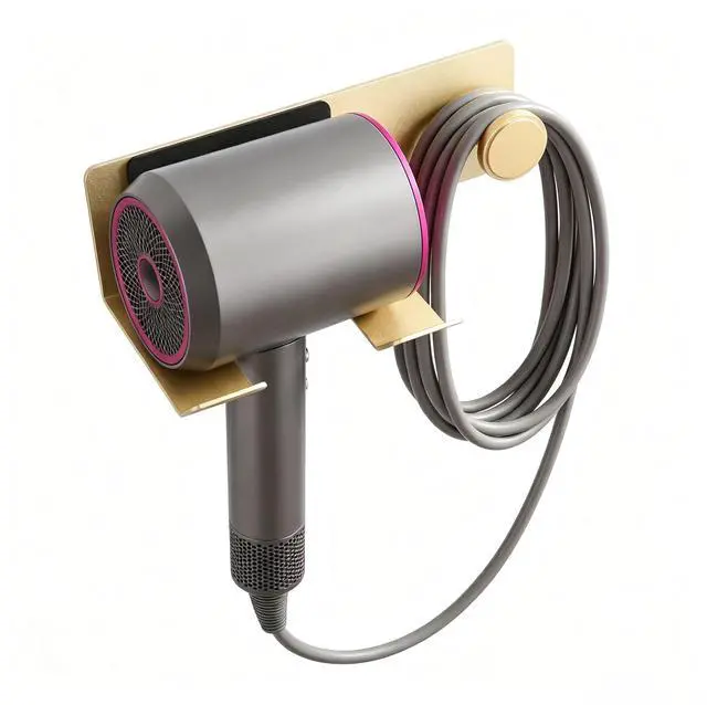 Main image of Brushed Gold Hair Dryer Holder Wall Mount, Aluminum Blow Dryer Rack with Anti-Scratch Pad, Adhesive Pad & Screws Included, Renter Friendly Bathroom Organizer