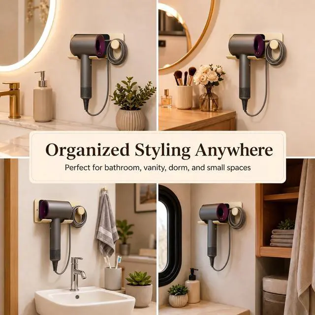 Alt view image 3 of 7 - Brushed Gold Hair Dryer Holder Wall Mount, Aluminum Blow Dryer Rack with Anti-Scratch Pad, Adhesive Pad & Screws Included, Renter Friendly Bathroom Organizer