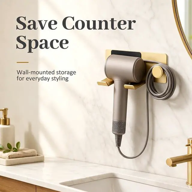 Alt view image 2 of 7 - Brushed Gold Hair Dryer Holder Wall Mount, Aluminum Blow Dryer Rack with Anti-Scratch Pad, Adhesive Pad & Screws Included, Renter Friendly Bathroom Organizer