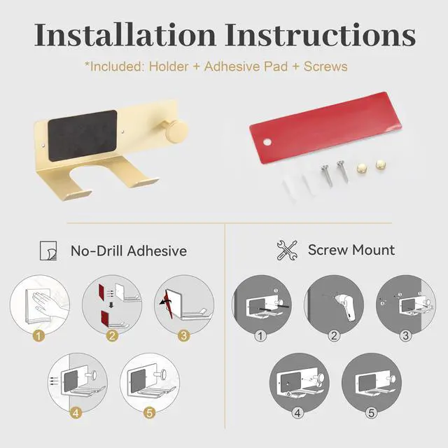 Alt view image 6 of 7 - Brushed Gold Hair Dryer Holder Wall Mount, Aluminum Blow Dryer Rack with Anti-Scratch Pad, Adhesive Pad & Screws Included, Renter Friendly Bathroom Organizer
