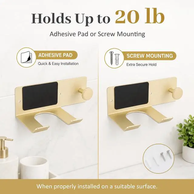 Alt view image 4 of 7 - Brushed Gold Hair Dryer Holder Wall Mount, Aluminum Blow Dryer Rack with Anti-Scratch Pad, Adhesive Pad & Screws Included, Renter Friendly Bathroom Organizer