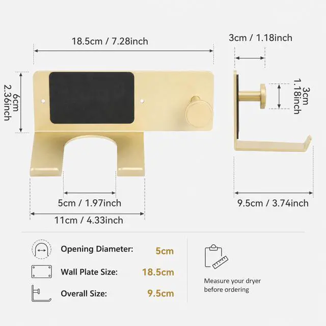 Alt view image 7 of 7 - Brushed Gold Hair Dryer Holder Wall Mount, Aluminum Blow Dryer Rack with Anti-Scratch Pad, Adhesive Pad & Screws Included, Renter Friendly Bathroom Organizer