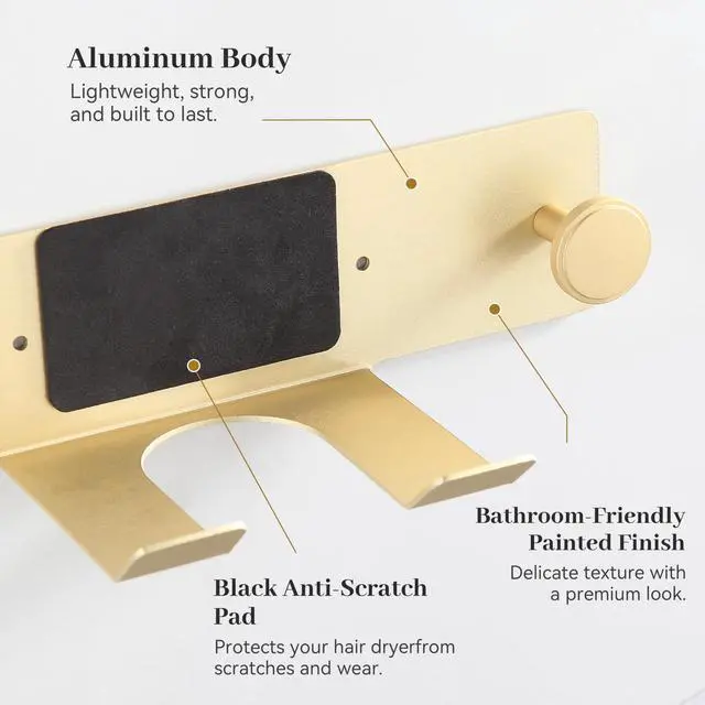 Alt view image 5 of 7 - Brushed Gold Hair Dryer Holder Wall Mount, Aluminum Blow Dryer Rack with Anti-Scratch Pad, Adhesive Pad & Screws Included, Renter Friendly Bathroom Organizer