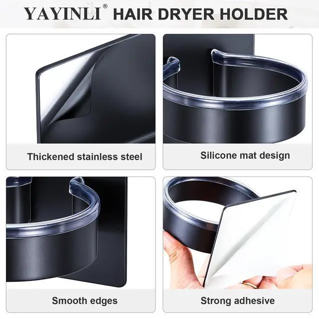 Alt view image 4 of 7 - Hair Dryer Holder Wall Mount, Blow Dryer Holder Wall, Adhesive Hair Dryer Hanger, Blow Dryer Organizer, Hair Tools Organizer for Bathroom Salon Barber Shop Hotel (Black)