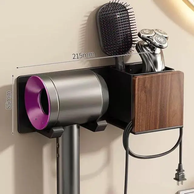Alt view image 2 of 7 - Hair Dryer Holder Wall Mounted, Stainless Steel & Wooden Blow Dryer Holder,Hair Styling Tool Organizer Stand, Bathroom Shelf Rack For Vanity Countertop