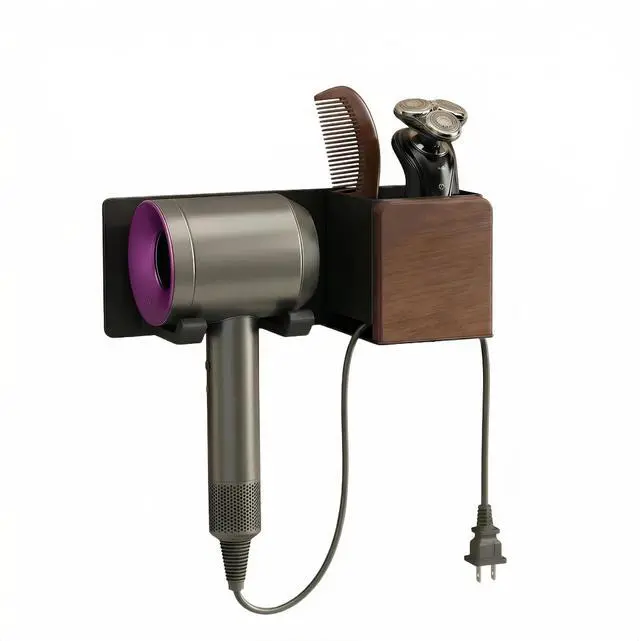 Main image of Hair Dryer Holder Wall Mounted, Stainless Steel & Wooden Blow Dryer Holder,Hair Styling Tool Organizer Stand, Bathroom Shelf Rack For Vanity Countertop