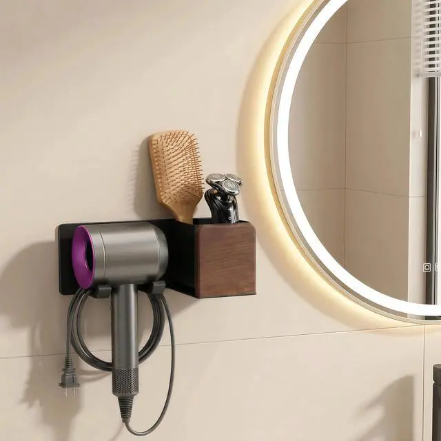 Alt view image 3 of 7 - Hair Dryer Holder Wall Mounted, Stainless Steel & Wooden Blow Dryer Holder,Hair Styling Tool Organizer Stand, Bathroom Shelf Rack For Vanity Countertop