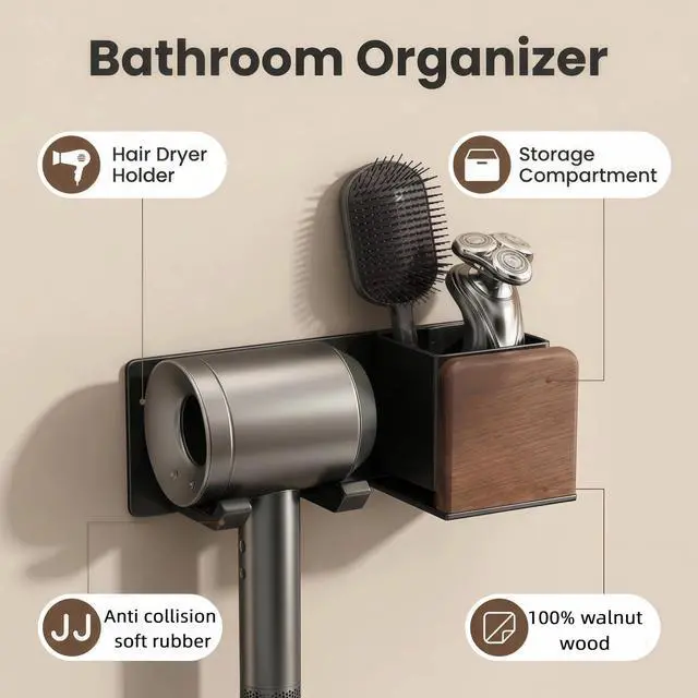 Alt view image 4 of 7 - Hair Dryer Holder Wall Mounted, Stainless Steel & Wooden Blow Dryer Holder,Hair Styling Tool Organizer Stand, Bathroom Shelf Rack For Vanity Countertop