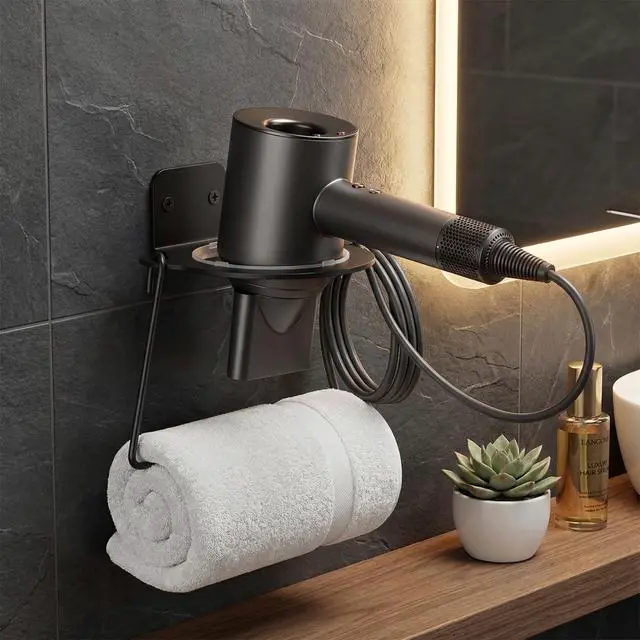 Alt view image 5 of 7 - Universal Hair Dryer Holder, Wall Mount Blow Dryer Holder with Cord Storage Space Aluminum Bathroom Hair Tool Organizer for Universal Hairdryer