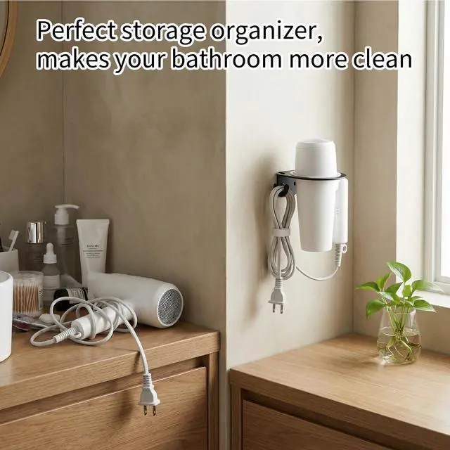 Alt view image 6 of 7 - Universal Hair Dryer Holder, Wall Mount Blow Dryer Holder with Cord Storage Space Aluminum Bathroom Hair Tool Organizer for Universal Hairdryer