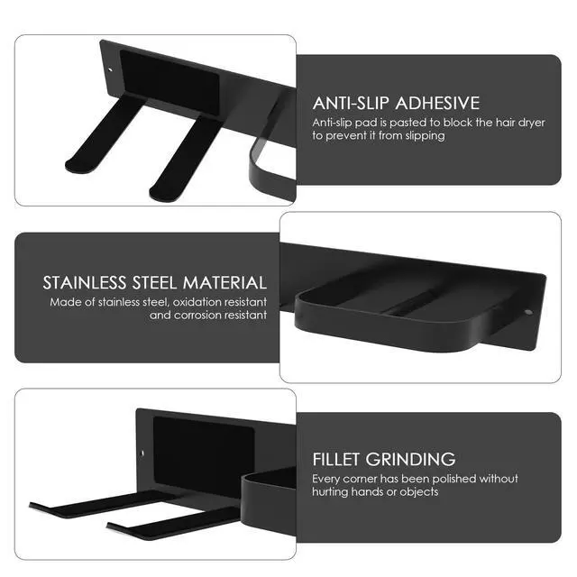 Alt view image 2 of 6 - Hair Dryer & Flat Iron Holder Wall Mount, Self Adhesive, Black