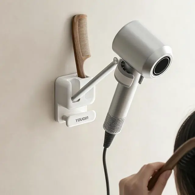 Main image of Hands Free Hair Dryer Holder Wall Mount, Anti-Shake Blow Dryer Stand with Adjustable Arm, Drill-Free Adhesive, Universal Fit for Most Hair Dryers, Bathroom Organizer (White)
