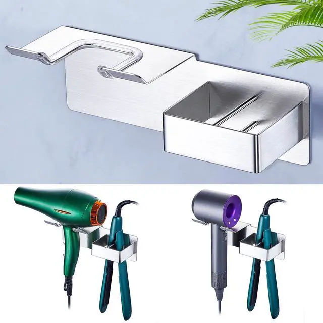 Main image of Blow Dryer Holder Wall Mounted, Hair Dryer and Straightener Holder, Hairdryer Holder for Bathroom, Curling Iron Holder, Salon Hair Tools Organizer Storage, Silver