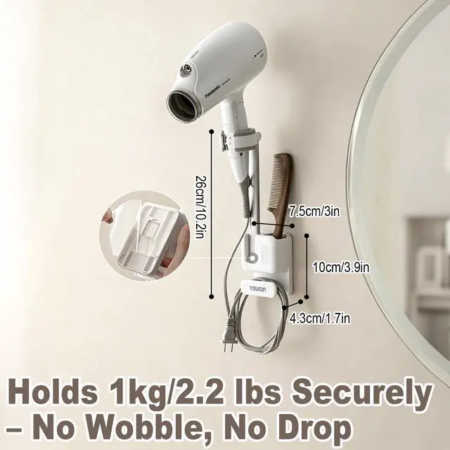 Alt view image 3 of 7 - Hands Free Hair Dryer Holder Wall Mount, Anti-Shake Blow Dryer Stand with Adjustable Arm, Drill-Free Adhesive, Universal Fit for Most Hair Dryers, Bathroom Organizer (White)