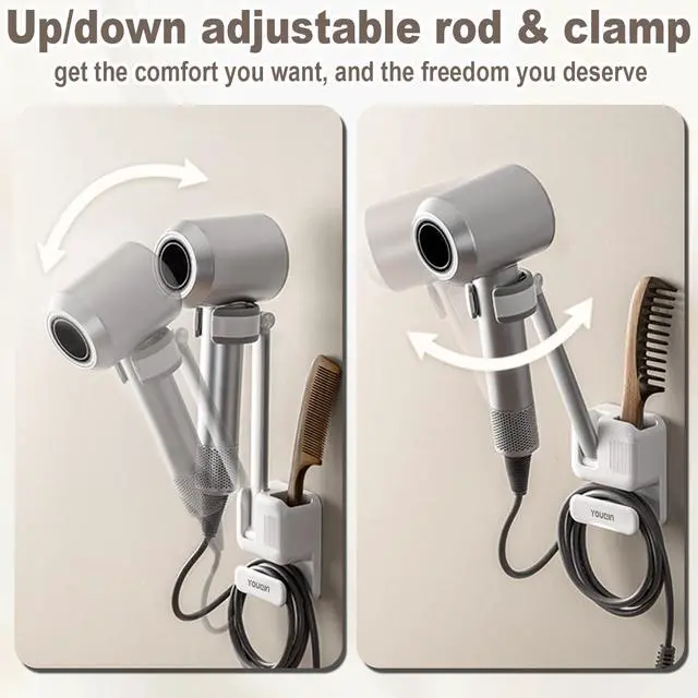 Alt view image 4 of 7 - Hands Free Hair Dryer Holder Wall Mount, Anti-Shake Blow Dryer Stand with Adjustable Arm, Drill-Free Adhesive, Universal Fit for Most Hair Dryers, Bathroom Organizer (White)