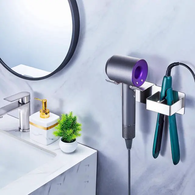 Alt view image 4 of 7 - Blow Dryer Holder Wall Mounted, Hair Dryer and Straightener Holder, Hairdryer Holder for Bathroom, Curling Iron Holder, Salon Hair Tools Organizer Storage, Silver