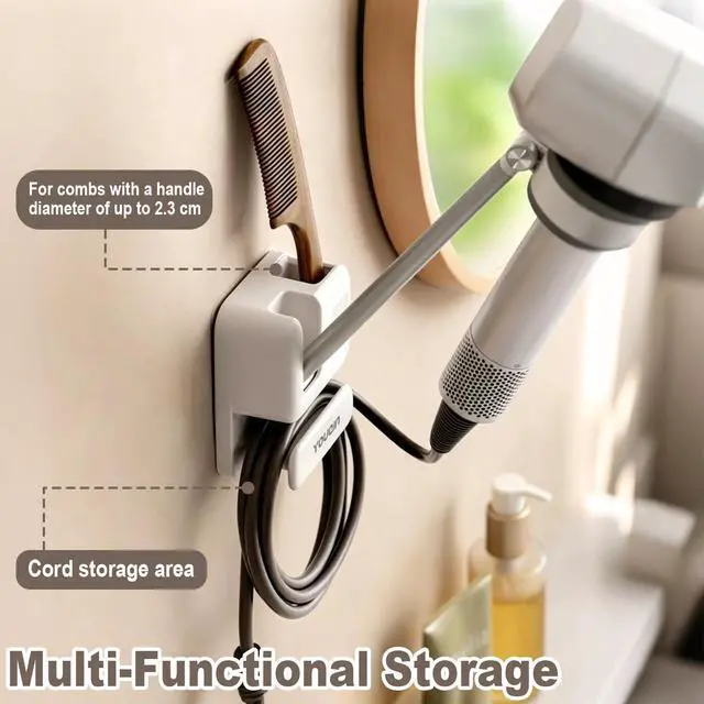 Alt view image 7 of 7 - Hands Free Hair Dryer Holder Wall Mount, Anti-Shake Blow Dryer Stand with Adjustable Arm, Drill-Free Adhesive, Universal Fit for Most Hair Dryers, Bathroom Organizer (White)