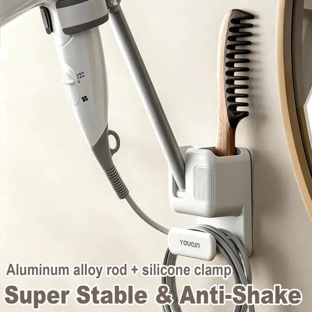 Alt view image 6 of 7 - Hands Free Hair Dryer Holder Wall Mount, Anti-Shake Blow Dryer Stand with Adjustable Arm, Drill-Free Adhesive, Universal Fit for Most Hair Dryers, Bathroom Organizer (White)