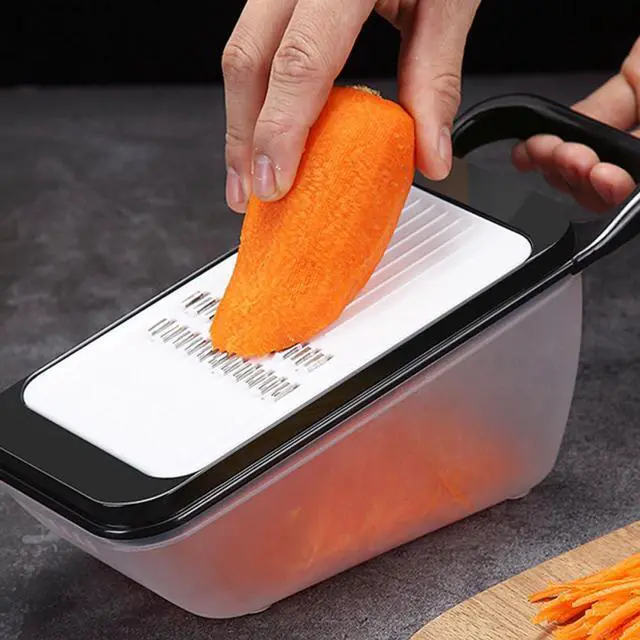 Alt view image 5 of 7 - Multi-function Vegetable Slicer with 4 Blades, Adjustable Kitchen Cutter for Potatoes and Radish, Non-slip Handle Food Processor for Home Cooking and Salad Preparation, Black