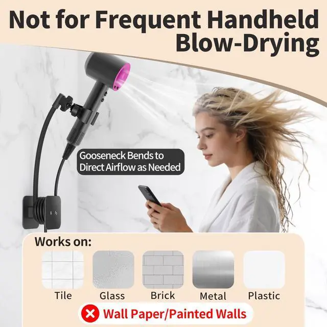 Alt view image 2 of 7 - Hands Free Hair Dryer Holder Wall Mount, Permanent No Drill Blow Dryer Stand with Strong Clamp, Adjustable Lazy Hair Dryer Bracket with Aluminum Cord Organizer, Black
