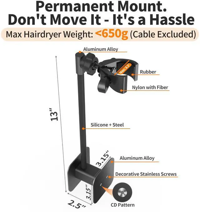 Alt view image 7 of 7 - Hands Free Hair Dryer Holder Wall Mount, Permanent No Drill Blow Dryer Stand with Strong Clamp, Adjustable Lazy Hair Dryer Bracket with Aluminum Cord Organizer, Black