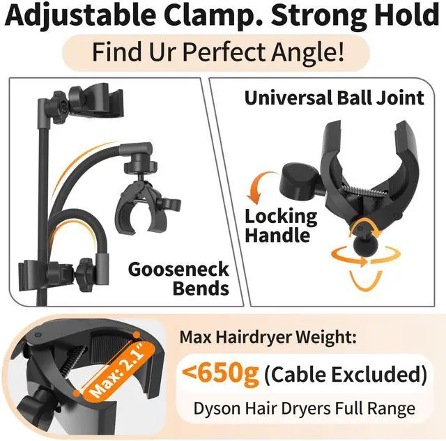 Alt view image 3 of 7 - Hands Free Hair Dryer Holder Wall Mount, Permanent No Drill Blow Dryer Stand with Strong Clamp, Adjustable Lazy Hair Dryer Bracket with Aluminum Cord Organizer, Black
