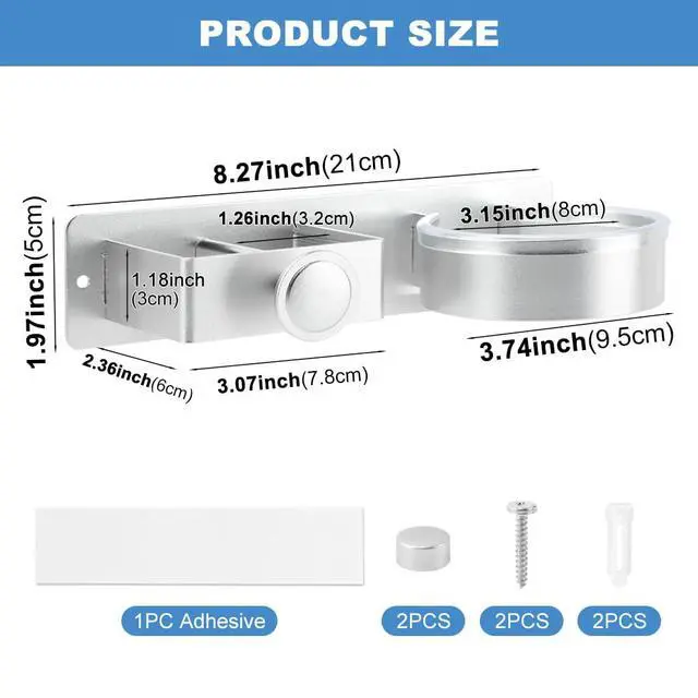 Alt view image 2 of 7 - Silver Hair Dryer Holder Wall Mount, No Drill Hair Tool Organizer
