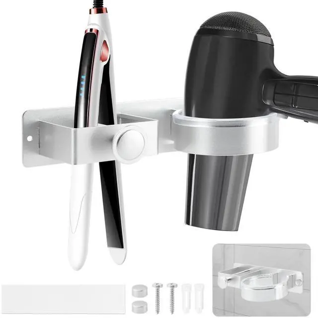 Main image of Silver Hair Dryer Holder Wall Mount, No Drill Hair Tool Organizer