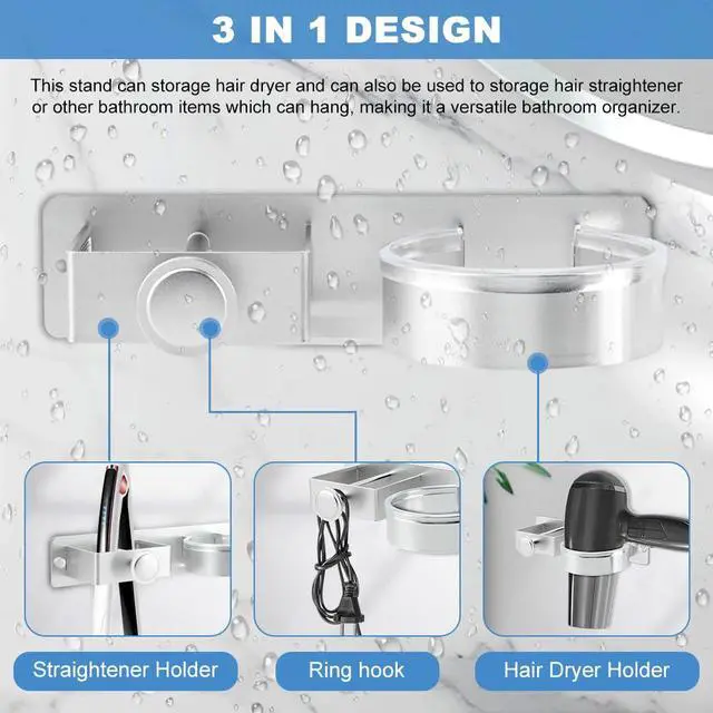 Alt view image 4 of 7 - Silver Hair Dryer Holder Wall Mount, No Drill Hair Tool Organizer