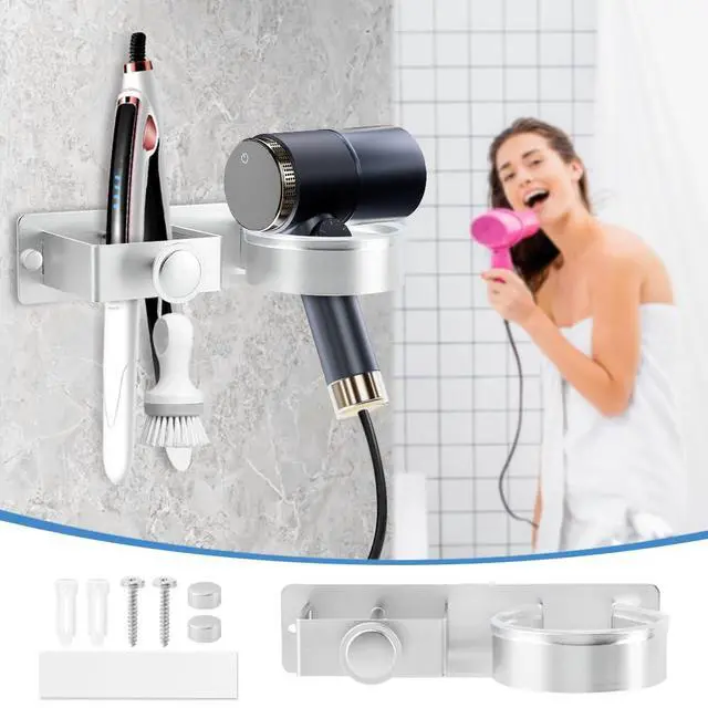 Alt view image 5 of 7 - Silver Hair Dryer Holder Wall Mount, No Drill Hair Tool Organizer