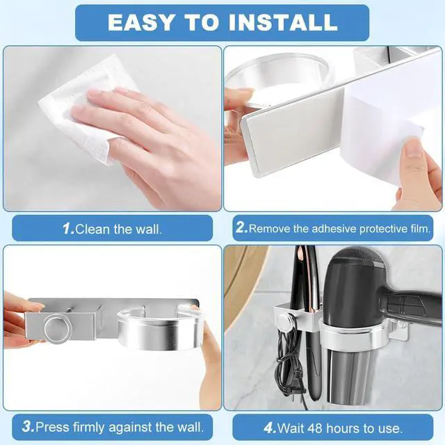 Alt view image 7 of 7 - Silver Hair Dryer Holder Wall Mount, No Drill Hair Tool Organizer