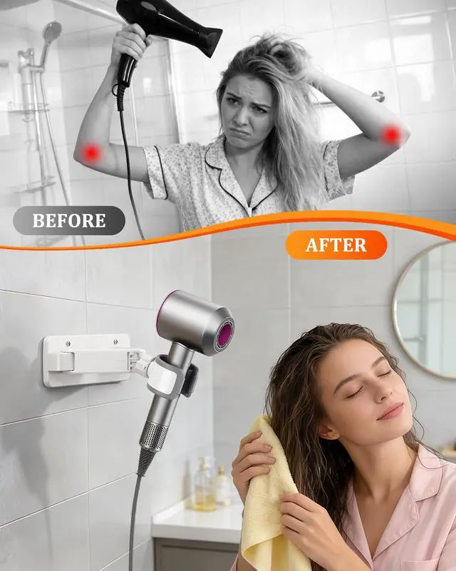 Alt view image 2 of 7 - Sliding Hair Dryer Holder Stand Wall Mounted, Angle-Adjustable Blow Dryer Stand with Adhesive & Screw Mounting, Hair Dryer Stand Hands Free for Vanity, Bathroom, Salon (Sliding Type)