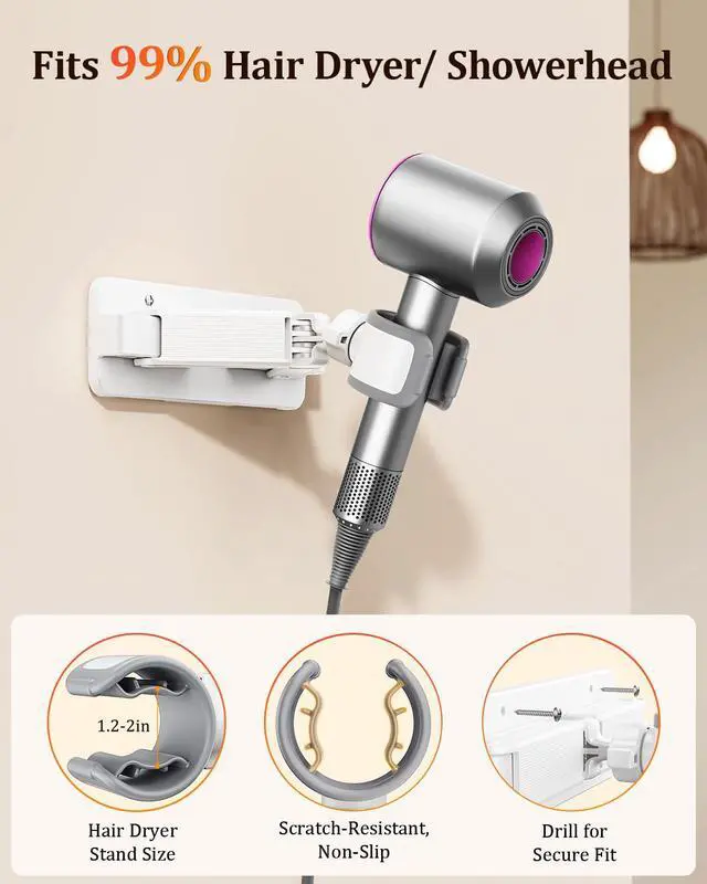 Alt view image 3 of 7 - Sliding Hair Dryer Holder Stand Wall Mounted, Angle-Adjustable Blow Dryer Stand with Adhesive & Screw Mounting, Hair Dryer Stand Hands Free for Vanity, Bathroom, Salon (Sliding Type)