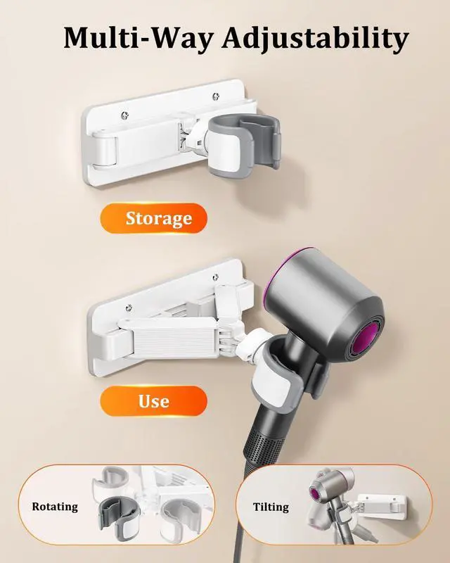Alt view image 4 of 7 - Sliding Hair Dryer Holder Stand Wall Mounted, Angle-Adjustable Blow Dryer Stand with Adhesive & Screw Mounting, Hair Dryer Stand Hands Free for Vanity, Bathroom, Salon (Sliding Type)