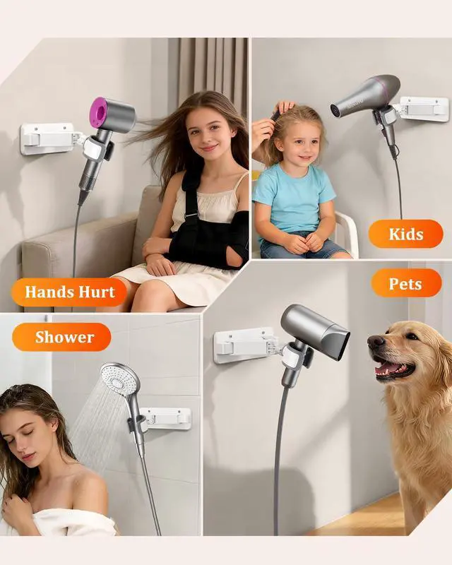 Alt view image 7 of 7 - Sliding Hair Dryer Holder Stand Wall Mounted, Angle-Adjustable Blow Dryer Stand with Adhesive & Screw Mounting, Hair Dryer Stand Hands Free for Vanity, Bathroom, Salon (Sliding Type)