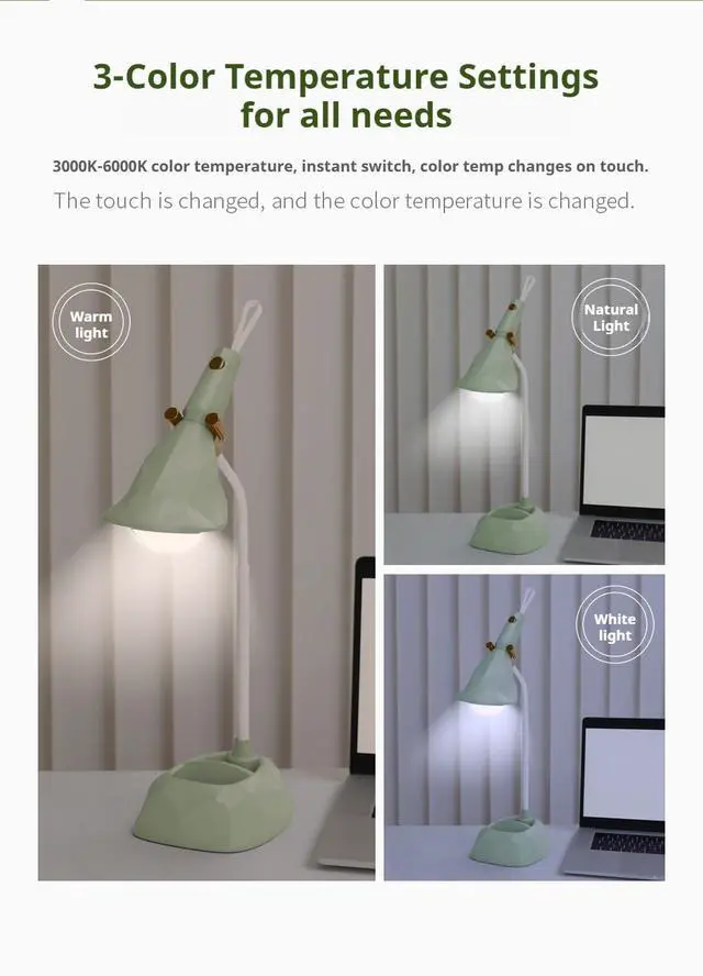 Alt view image 5 of 7 - Portable Desk Lamp with Detachable Flashlight, 3 Color Temperature Modes, 1200mAh Battery, Stepless Dimming Brightness Memory - Ideal for Home Office Use (Green)