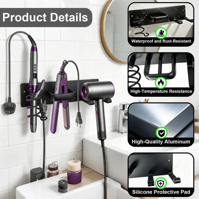 Alt view image 3 of 7 - Hair Dryer Holder Wall Mount, Easy Assemble Hair Tool Organizer