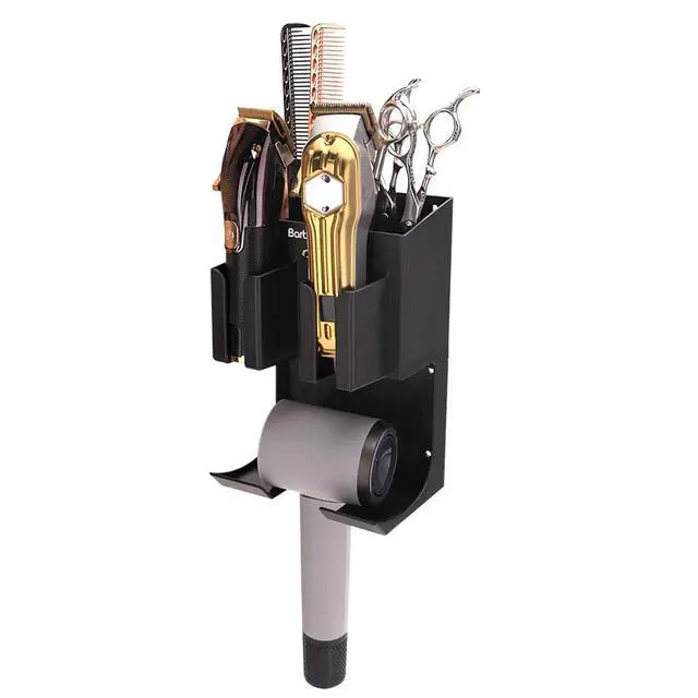 Alt view image 2 of 7 - Hair Tool Organizer Wall Mounted, Hair Dryer and Styling Holder with Towel Bar, Bathroom Blow Dryer Holder, Farmhouse Vanity Caddy Storage Stand for Accessories Makeup(Black)